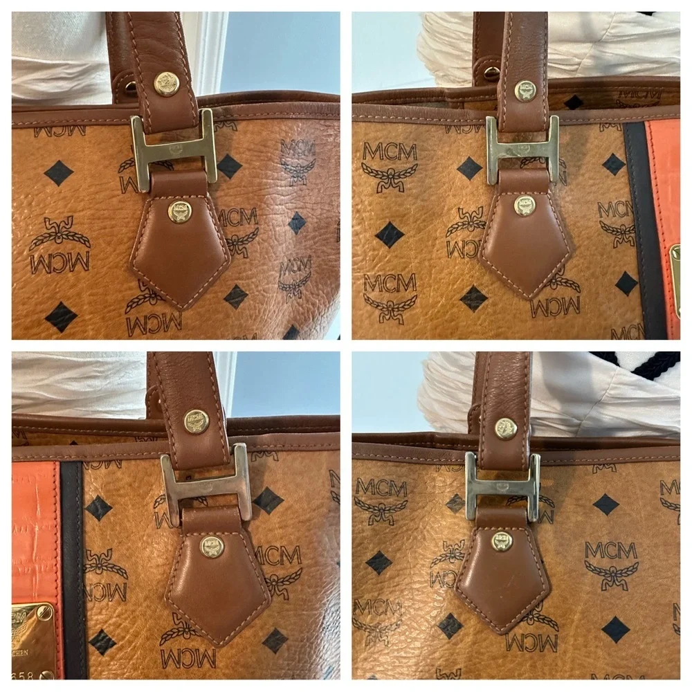 💙 MCM Anya Visetos Cognac and Orange Croc Leather Tote Shoulder Bag - Authentic
